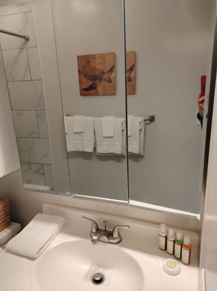鏡を開くと棚になっている、宿泊したコンドの洗面台