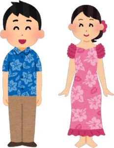 ハワイファッション定番のアロハとムームーを着た男女のイラスト