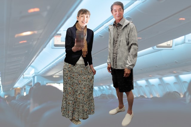 60代のシニア夫婦がハワイ旅行に行く時、飛行機の中での服装のユニクロ・コーディネート例⓵