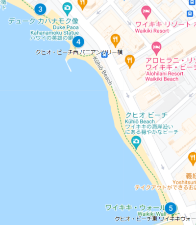 クヒオビーチのシャワーの場所を示した地図