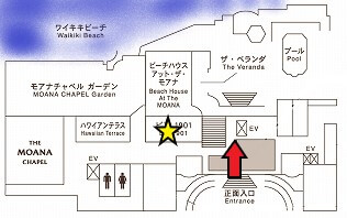 モアナサーフライダーの入り口と「ヴィンテージ1901」の場所を矢印や星印で分かりやすく表示した1階の館内図