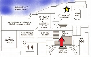 モアナサーフライダーの入り口と「ビーチバー」の場所を矢印や星印で分かりやすく表示した1階の館内図