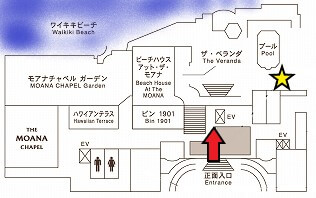 モアナサーフライダーの入り口と「サーフライダーカフェ」の場所を矢印や星印で分かりやすく表示した1階の館内図