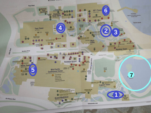 ヒルトンハワイアンビレッジ内の6つのプールとラグーンの位置を示した地図